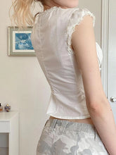 BXOXO Women's Button Down T-Shirts Cap Sleeve Crew Neck Cross Tie-up Front Lace Trim Tops